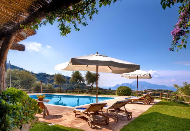 panoramic seaview pool with sunbeds and umbrellas, casale la torre, massa lubrense, italy